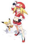  arm_up belt blonde_hair cosplay cropped_jacket crossover data_(rockman_dash) fingerless_gloves gen_1_pokemon gloves green_eyes hand_on_hip hat highres holding jacket jiyu2 long_hair midriff navel pikachu pikachu_(cosplay) poke_ball poke_ball_(generic) pokemon pokemon_(creature) rockman rockman_dash roll_caskett shoes shorts smile 