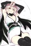  armpits arms_up black_legwear black_panties breasts breath cleavage commentary_request detached_sleeves fate_(series) japanese_clothes kimono koha-ace large_breasts mutou_kurihito obi okita_souji_(fate) okita_souji_(fate)_(all) panties sash scarf short_hair short_kimono solo sweat thighhighs underwear yellow_eyes 