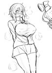  admiral_(kantai_collection) blush breast_pump breasts commentary_request greyscale hayasui_(kantai_collection) highres huge_breasts jacket kantai_collection long_sleeves milking_machine miniskirt monochrome open_mouth ryuun_(stiil) short_hair skirt steam track_jacket 