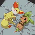  balls bed_sheet bedding blush canine chespin duo female fennekin feral fox hindpaw male mammal nintendo pawpads paws penis pisho pok&eacute;mon pussy smile spreading sweat video_games 