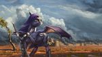  armor bat_pony bra1neater brown_eyes fan_character feral hair holding_object holding_weapon hooves melee_weapon membranous_wings my_little_pony purple_hair sky solo standing sword weapon wings 