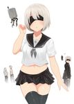  1girl 3boys absurdres adam_(nier_automata) akky_(akimi1127) alternate_costume arm_at_side bangs black_jacket black_legwear black_skirt blindfold blush buttons closed_mouth collarbone covered_eyes drone eve_(nier_automata) floating glasses hand_up highres jacket legs_together long_hair long_sleeves machinery miniskirt mole mole_under_mouth multiple_boys navel neckerchief nier_(series) nier_automata open_mouth pants pod_(nier_automata) robot sailor_collar school_uniform serafuku shirt short_sleeves silver_hair simple_background skirt smile thighhighs topless white_background white_shirt yorha_no._2_type_b yorha_no._9_type_s 