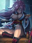  areolae baiken breasts cup eyepatch goggles guilty_gear guilty_gear_xrd highres large_breasts long_hair night no_panties pink_hair ponytail pubic_hair red_eyes sakazuki smile solo speh thighs 