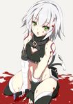  bandaged_arm bandages black_gloves black_legwear black_panties blood blood_splatter boots breasts cat_tail cleavage cleavage_cutout commentary_request elbow_gloves fate/apocrypha fate_(series) fingerless_gloves gloves green_eyes jack_the_ripper_(fate/apocrypha) kneeling mutou_kurihito open_mouth panties scar short_hair silver_hair single_glove small_breasts solo string_panties tail tail_wagging tattoo thigh_boots thighhighs underwear weapon 