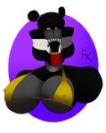  2017 animatronic bear big_breasts biohazard(fredkakes) black_fur breasts clothed clothing digital_media_(artwork) ear_piercing erect_nipples fan_character female five_nights_at_freddy&#039;s five_nights_at_freddy&#039;s_4 fredkakes fur hi_res huge_breasts lagomorph looking_at_viewer machine mammal nipples open_mouth orange_eyes piercing robot signature simple_background smile solo teeth underwear video_games 