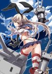  :3 anchor anchor_hair_ornament ass battleship black_panties blonde_hair blurry blush brown_eyes cloud crop_top crop_top_overhang day depth_of_field elbow_gloves g-string gloves hair_ornament hairband highleg highleg_panties highres kantai_collection long_hair looking_at_viewer looking_back midriff military military_vehicle panties rensouhou-chan revision shimakaze_(kantai_collection) shiny shiny_skin ship skindentation skirt sky solo striped striped_legwear thighhighs thong tsuuhan underwear warship watercraft white_gloves 