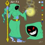  5_toes abriika black_nails clothing colored_nails female flip_flops footwear glowing_hand grin humanoid magic model_sheet navel red_eyes robe sandals sharp_teeth smile solo staff teeth toes zp92 