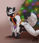  2016 5_fingers all_fours animal_genitalia anthro balls big_tail biped black_balls black_claws black_fur black_hair black_nose black_tail canine cheek_tuft christmas christmas_tree claws digital_media_(artwork) ekbellatrix exclusivechan eyebrows fluffy fluffy_tail fox fur gloves_(marking) grey_background grey_fur grey_tail hair harness heterochromia hi_res holidays male mammal markings mostly_nude multicolored_fur multicolored_tail penis penis_tip pink_penis pinup pose sheath short_hair simple_background smile snout solo tree tuft two_tone_fur two_tone_tail watermark 