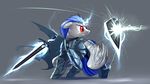  armor equine fan_character feathered_wings feathers feral horn male mammal melee_weapon my_little_pony shield simple_background solo standing sword underpable weapon winged_unicorn wings 