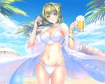  alcohol ass_visible_through_thighs bad_id bad_pixiv_id bangle beer beer_can beer_mug bikini bikini_under_clothes blue_eyes bracelet breasts can choker cleavage cowboy_shot cup day dress drinking_glass gorua_(youce01) green_eyes green_hair groin hands_up head_tilt heterochromia holding holding_can holding_cup idolmaster idolmaster_cinderella_girls jewelry large_breasts looking_at_viewer mole mole_under_eye navel necklace off_shoulder open_clothes open_dress outdoors palm_tree parted_lips revision short_hair short_ponytail smile solo swimsuit takagaki_kaede tree umbrella white_bikini white_choker white_dress 