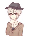  :3 black-framed_eyewear blonde_hair commentary ear_piercing fedora glasses grey_eyes hat idolmaster idolmaster_cinderella_girls jewelry kvlen looking_at_viewer necklace piercing shiomi_shuuko short_hair solo upper_body 