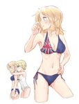  ass_visible_through_thighs bikini blonde_hair blue_bikini blue_eyes blush breast_press breasts casual_one-piece_swimsuit cleavage cropped_legs darjeeling finger_to_nose flag_print from_side girls_und_panzer groin hand_on_hip hug hug_from_behind kay_(girls_und_panzer) medium_breasts mismatched_bikini multiple_girls multiple_views navel one-piece_swimsuit print_bikini print_bikini_top profile short_hair side-tie_bikini sketch soramame_(corndog) swimsuit union_jack union_jack_bikini white_background white_swimsuit yuri 