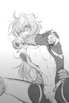  covering_mouth gloves granblue_fantasy greyscale hands hands_on_another's_hips implied_sex implied_yaoi long_hair male_focus monochrome muon_(granblue_fantasy) no_panties one_eye_closed open_mouth penis pilot_suit ponytail sig_(shirufuro) simple_background solo_focus sweat tears unzipped white_background 