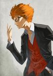  404_(artist) adam's_apple alternate_costume bangs black_jacket black_pants cowboy_shot formal glasses hand_in_pocket jacket long_sleeves male_focus open_clothes open_collar open_jacket open_mouth orange_hair pants red_vest shirt solo suit to_aru_majutsu_no_index to_aru_majutsu_no_index:_new_testament tsuchimikado_motoharu vest white_shirt 