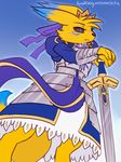  2017 alternate_color anthro armor black_sclera blue_background blue_eyes blue_fur canine clothed clothing cosplay crossover crown digimon dress eifie english_text fate/zero female fox fur mammal melee_weapon renamon ribbons saber_(fate/zero) signature simple_background solo sword text weapon yellow_fur 