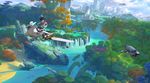  aircraft artstation_sample boots bridge building cityscape cloud cloudy_sky day drone flying giant_mushroom giant_tree goggles highres horse image_sample looking_to_the_side mountain original pink_shorts river science_fiction shorts sky skyscraper tree water waterfall wreckage wristband zhu_qi 