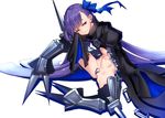  armor armored_boots aya_shachou bangs blue_ribbon boots breasts coat crotch_plate eyebrows eyebrows_visible_through_hair fate/extra fate/extra_ccc fate_(series) full_body hair_ribbon knee_pads long_hair long_sleeves looking_away meltlilith midriff navel no_pants pointy_boots purple_eyes purple_hair revealing_clothes ribbon simple_background sitting small_breasts smug solo spread_legs white_background 
