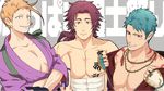  aqua_hair beads earrings grin iwatooshi japanese_clothes jewelry jigoku_meguri male_focus multiple_boys muscle open_clothes orange_eyes orange_hair pectorals red_eyes red_hair sarashi shirtless smile tattoo tonbokiri_(touken_ranbu) touken_ranbu translation_request yamabushi_kunihiro 