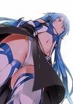  black_skirt blue_eyes blue_hair closed_mouth commentary_request expressionless flat_chest from_below leotard long_hair looking_to_the_side navel ore_twintail_ni_narimasu skirt solo tailblue thighhighs twintails upskirt white_background yuto_(dialique) 