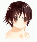  :o blush body_blush breasts brown_eyes brown_hair collarbone covering covering_chest dot_nose eyebrows_visible_through_hair eyelashes fingernails from_side grey_background hand_on_own_chest highres looking_at_viewer nude open_mouth orancio_muwi portrait sawatari_fuu short_hair simple_background small_breasts solo tamayura tareme 