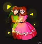  1girl artist_name black_background black_eyes blanko! boots bright_pupils brown_hair circlet dress glowing hat highres holding_hands link pointy_ears princess_zelda simple_background smile the_legend_of_zelda triforce tunic 