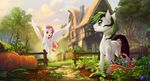  anthro black_hair cutie_mark day detailed_background devinian duo equine fan_character feathered_wings feathers female food fruit grass green_hair hair male mammal my_little_pony outside pegasus pumpkin red_eyes smile standing white_feathers wings yellow_eyes 