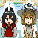  animal_ears bag black_gloves black_hair blonde_hair borrowed_garments commentary_request gloves hair_between_eyes hat hat_feather helmet kaban_(kemono_friends) kemono_friends lucky_beast_(kemono_friends) multiple_girls ninniku_(ninnniku105) open_mouth pith_helmet red_shirt serval_(kemono_friends) serval_ears serval_print serval_tail shirt short_hair spoilers tail wavy_hair 