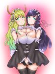  blush breast_press breasts cosplay crossover dragon_girl dragon_horns dress eyebrows_visible_through_hair gradient_hair green_eyes green_hair hat heterochromia highres horns huge_breasts kobayashi-san_chi_no_maidragon long_hair looking_at_viewer love_live! love_live!_school_idol_project low_twintails maid maid_headdress monster_girl multicolored multicolored_hair multiple_girls navel purple_hair quetzalcoatl_(maidragon) ram_(re:zero) ram_(re:zero)_(cosplay) re:zero_kara_hajimeru_isekai_seikatsu rem_(re:zero) rem_(re:zero)_(cosplay) smile symmetrical_docking tied_hair tini toujou_nozomi twintails yellow_eyes 