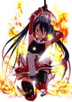  armpits arms_up black_hair black_legwear cosplay elbow_gloves explosion gloves leotard long_hair looking_at_viewer ore_twintail_ni_narimasu red_eyes serious solo tailred tailred_(cosplay) thighhighs tsube_aika twintails yuto_(dialique) 