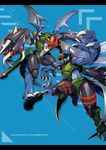  2017 armor arthropod blue_background blue_scales claws collar digimon dinobeemon dragon drill duo english_text gun helmet horn insect insect_eyes insect_wings male markings mask membranous_wings midriff paildramon ranged_weapon red_eyes scales scalie shoulder_pads simple_background spikes text tg_mario weapon wings 