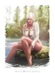  absurdres barefoot breasts ciri freckles green_eyes highres jewelry krystopher_decker legs lips necklace panties river shirt solo the_witcher the_witcher_3 underwear white_hair white_panties white_shirt 