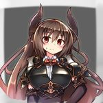  armor bangs blush breasts brown_hair closed_mouth forte_(shingeki_no_bahamut) gauntlets granblue_fantasy hand_on_hip highres horns large_breasts long_hair looking_at_viewer pauldrons red_eyes serious shadowverse shingeki_no_bahamut sidelocks solo sweatdrop tylwing upper_body weapon 