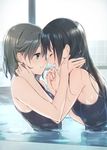  bare_arms bare_shoulders black_hair blue_eyes blue_swimsuit breasts closed_eyes hands_on_another's_face indoors light_brown_hair long_hair looking_at_another multiple_girls one-piece_swimsuit open_mouth original partially_submerged pool short_hair small_breasts swimsuit upper_body weee_(raemz) wet wet_clothes yuri 