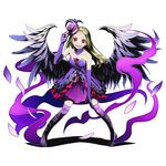  bare_shoulders blonde_hair collarbone divine_gate dress elbow_gloves feathered_wings floating_hair full_body gloves grey_wings hat long_hair looking_at_viewer mini_hat official_art open_mouth purple_gloves purple_legwear red_eyes sleeveless sleeveless_dress solo standing strapless strapless_dress thighhighs transparent_background ucmm wings 