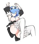  1girl ass blue_hair breasts breasts_outside closed_mouth detached_sleeves female frills full_body hair_ornament hair_over_one_eye hair_ribbon huge_ass knees_up labia large_breasts maid maid_headdress nipples no_panties nude on_back pussy re:zero_kara_hajimeru_isekai_seikatsu rem_(re:zero) short_hair simx skirt socks solo thick_thighs thighs uncensored upskirt white_background white_skin wide_hips 