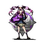  black_legwear bow bowtie brown_skirt divine_gate full_body hairband long_hair looking_at_viewer nail_polish official_art pink_eyes pink_hair pleated_skirt purple_nails purple_scarf red_bow scarf shadow skirt solo standing striped striped_bow transparent_background twintails ucmm yellow_hairband 