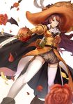  ange_d'erlanger bat_wings brown_hair capelet commentary_request flower from_below granblue_fantasy halloween hat highres jack-o'-lantern kaito_nina long_hair one_eye_closed pants petals rapier rose solo sword thighhighs weapon white_legwear wings zettai_ryouiki 