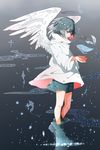  angel animal bad_id bad_pixiv_id baggy_clothes black_hair blue_eyes boots capelet dolphin feathered_wings fish halo highres miniature original pale_skin shapes short_hair shorts sketch solo whale wings yuuo0 