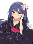  1girl adagaki_aki blue_eyes blue_hair blush breasts cleavage flower hair_ornament japanese_clothes kimono long_hair masamune-kun_no_revenge ribbon 
