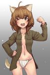  ahoge animal_ears ass_visible_through_thighs blush brown_eyes brown_hair dog_ears dog_tail fundoshi grey_background groin hand_on_hip highres inufusa_yuno japanese_clothes liar_lawyer looking_at_viewer midriff military military_uniform navel one_eye_closed open_clothes open_mouth open_shirt shirt short_hair simple_background sketch solo strike_witches tail uniform world_witches_series 