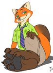  2015 3_toes anthro canine clothing disney foot_fetish foot_focus fox fur green_eyes hawaiian_shirt looking_at_viewer male mammal necktie nick_wilde pawpads paws red_fur shirt sitting smile smirk solo toepad toepads toes zootopia zp92 
