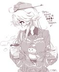  alabaster_(artist) alternate_costume can cookie food halftone headgear highres iowa_(kantai_collection) kantai_collection long_hair monochrome mouth_hold snowman solo star star-shaped_pupils steam sweater symbol-shaped_pupils translated tumbler 