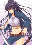  &gt;:( asymmetrical_clothes belt breasts closed_mouth commentary_request frown hair_ribbon kanzaki_kaori large_breasts long_hair looking_at_viewer midriff navel prime purple_eyes revision ribbon single_pantsleg solo sword to_aru_majutsu_no_index v-shaped_eyebrows very_long_hair weapon 