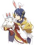  alfonse_(fire_emblem) animal animal_ears armor bird bird_on_hand bunny_ears cape closed_eyes feh_(fire_emblem_heroes) fire_emblem fire_emblem_heroes male_focus owl simple_background smile white_background yurige 