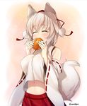  animal_ears bangs blush bread breasts closed_eyes commentary_request detached_sleeves eating food hat holding inubashiri_momiji large_breasts midriff navel pom_pom_(clothes) red_skirt ribbon-trimmed_sleeves ribbon_trim skirt smile solo tail tokin_hat touhou twitter_username white_hair wide_sleeves wolf_ears wolf_tail yanagi_yuu 