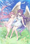  angel_wings barefoot bird blue_eyes character_request cloud day dress grass holding_hands knees_together_feet_apart long_hair multiple_girls open_mouth outdoors outstretched_arms pink_dress pink_eyes pink_hair purple_hair see-through_silhouette sky smile standing standing_on_one_leg sundress very_long_hair weee_(raemz) white_dress wind wind_lift wings 
