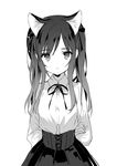  animal_ears arms_behind_back bangs blouse cat_ears eyebrows_visible_through_hair greyscale hashimoto_mari high-waist_skirt long_hair looking_at_viewer meme_attire monochrome original parted_lips simple_background skirt solo twintails upper_body virgin_killer_outfit white_background white_blouse 