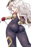  ass ass_support bodysuit commentary elbow_gloves engrish_commentary eyebrows_visible_through_hair from_behind from_below gloves gold_trim granblue_fantasy headpiece hews_hack long_hair looking_back medusa_(shingeki_no_bahamut) pointy_ears red_eyes red_gloves shadowverse shingeki_no_bahamut silver_hair simple_background skin_tight skindentation solo string tail vambraces white_background 
