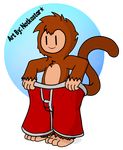 2017 anthro ape boxer_briefs bulge chest_tuff chimpanzee clothed clothing cub digital_media_(artwork) english_text fur hair male mammal monkey notkastar_(artist) primate simple_background sketch smile solo tagme text underwear vertical_bar_eyes young 