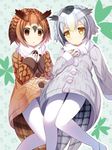  brown_eyes brown_hair coat eurasian_eagle_owl_(kemono_friends) gloves grey_hair hand_on_own_chest head_wings highres kemono_friends liya looking_at_viewer multicolored_hair multiple_girls northern_white-faced_owl_(kemono_friends) pantyhose short_hair simple_background white_legwear yellow_eyes 